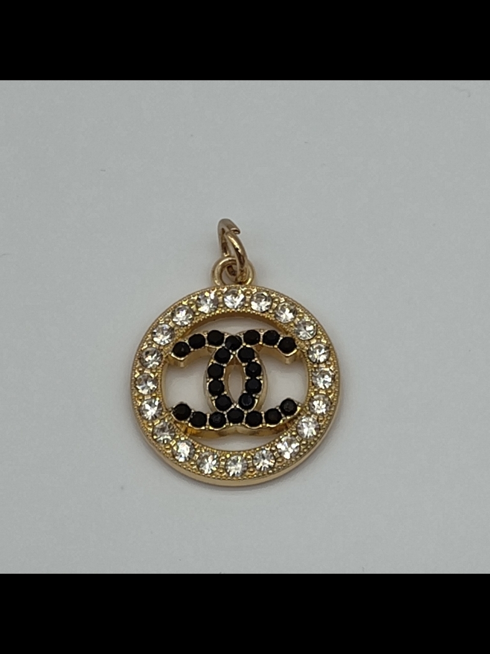 CHANEL Black Crystal CC Circle Charm Gold Zipper Pull Charm Rhinestone Logo